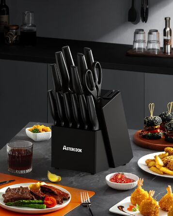 Набір кухонних ножів Astercook з підставкою та вбудованим точилом, 15 предметів, нержавіюча сталь, чорний