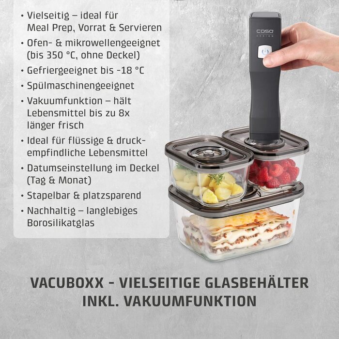 Акумуляторний вакууматор CASO Vacu OneTouch Eco-Set з 3 скляними контейнерами, 10 ZIP-пакетами та стікерами Food Manager, чорний