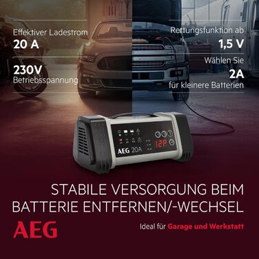 Зарядний пристрій акумуляторів AEG LT 20, 20A для 12/24V авто, 9-ступінчатий, з інтелектуальною функцією заряджання та автоматичним вирівнюванням температури, чорний/сірий