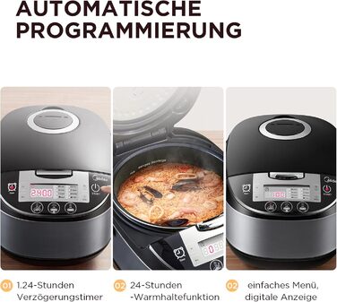 Мультиварка Midea Reiskocher 5 л: 11 програм, рисоварка, супниця, тушкувальник, пароварка, таймер, 24 год підігріву, чорний/сріблястий