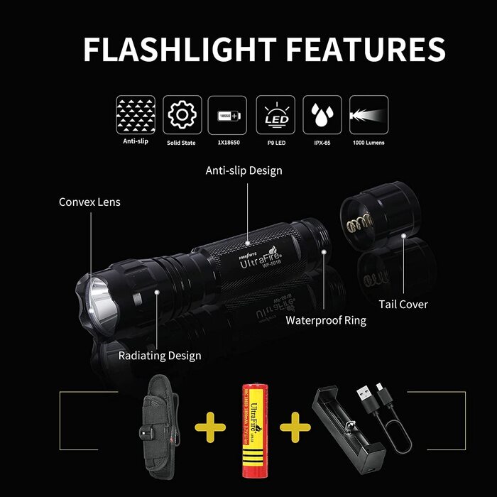 Ліхтар UltraFire WF-501B LED 1000 Люмен з кобурою, тактичний міні-ліхтар на акумуляторі 3,7V 1800mAh з зарядним пристроєм