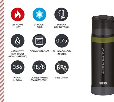 Термос для напоїв THERMOS Mountain 0,75 л, чорний, нержавіюча сталь, з чашкою, 24 год гарячий/холодний, легкий та міцний, BPA-free, для походів