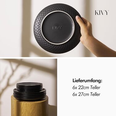 Сервіз KIVY на 6 персон, чорний матовий, 12 предметів (тарілки 27 см і 22 см, стійкий до подряпин, підходить для посудомийки)