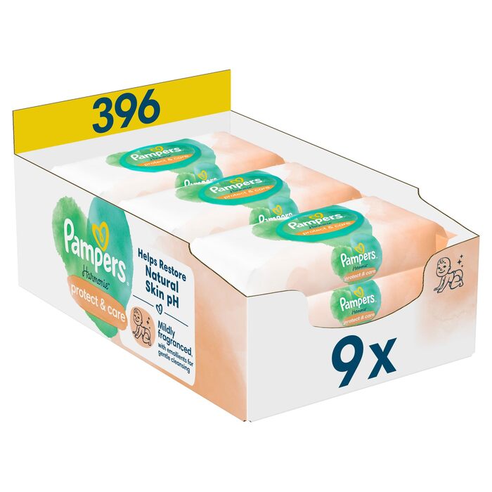 Дитячі вологі серветки Pampers Harmonie Protect & Care з календулою, 396 шт (9 упаковок по 44 шт)