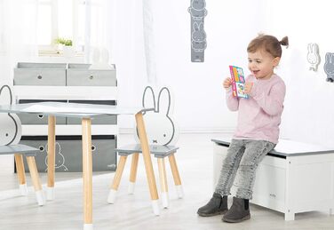 Дитячий ігровий стелаж roba miffy® з 5 сірими тканинними ящиками, білий дерев'яний органайзер з кроликом для іграшок у дитячу кімнату для хлопчиків і дівчаток