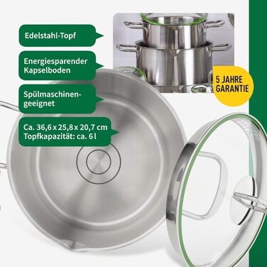 Каструля з нержавіючої сталі Fackelmann Chefkoch München 24 см, 5,5 л, для всіх типів плит (індукція), з функцією зливу, високоякісна