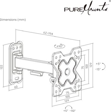Настінний кронштейн для ТБ та монітора PureMounts, нахильний та поворотний, VESA 100x100 мм, для екранів 13-32 дюйми до 20 кг, чорний
