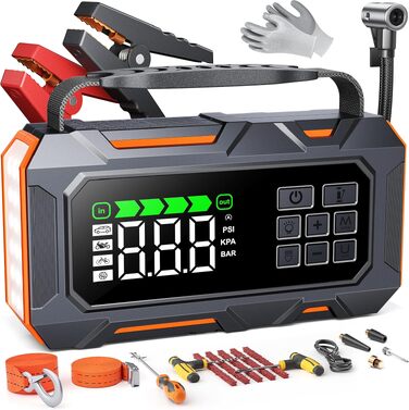 Пусковий пристрій 14-в-1 для авто 8000A з компресором 160 PSI, Powerbank 26800mAh, бустер для бензинових та дизельних двигунів (до 12л), з LED-ліхтарем та набором для ремонту шин