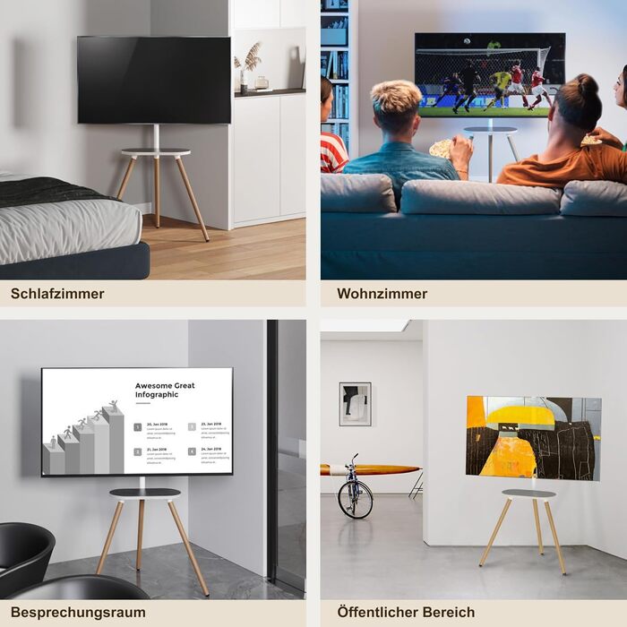 Підлогова телевізійна стійка ECOTINY TV для екранів 40-65 дюймів, висота регулюється, поворотна, переносна, з полицею, чорний горіх/білий, дерево, VESA 400x400 мм, до 35 кг