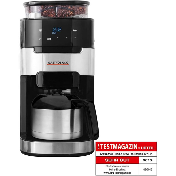 Кавоварка GASTROBACK Grind & Brew Pro Thermo, срібляста, чорна, з млином, термос, автоматична
