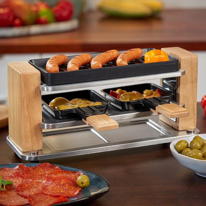 Расетіль Raclette Grill з антипригарною решіткою (2 особи) 550W, 4 пательні та дерев'яний шпатель