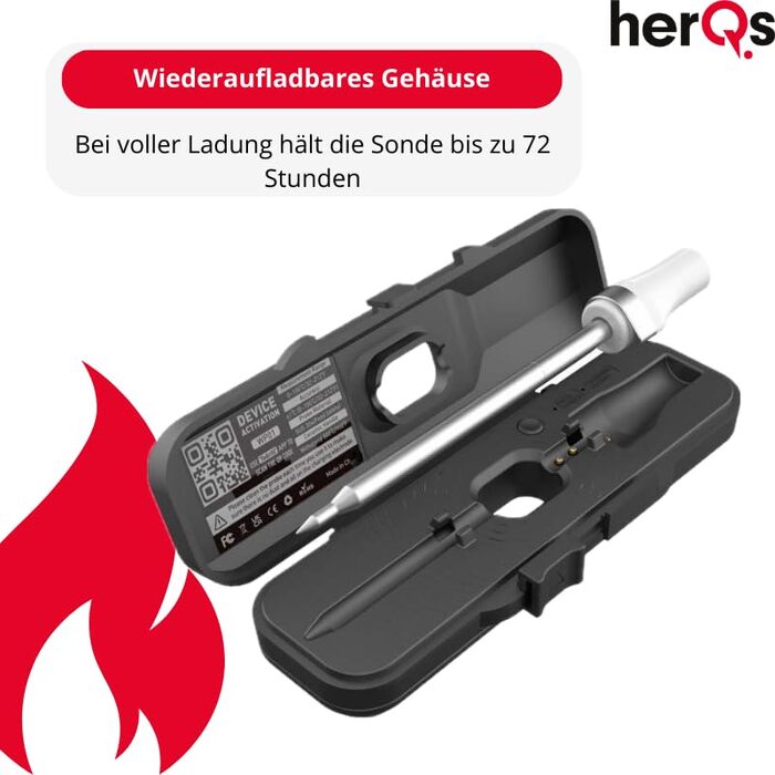 HerQs Pin Probe – бездротовий Bluetooth термометр для м'яса до 500°C, для гриля, духовки, сковороди, аерофритюрниці та Sous-Vide