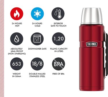 Термос Thermos Stainless King 1,2 л з ручкою, нержавіюча сталь, колір журавлина