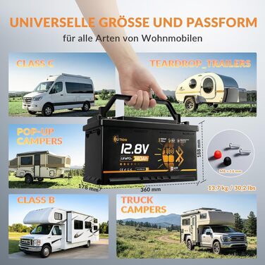 LiFePO4 акумулятор 12V 100Ah H190 ECE R10 з Bluetooth 5.4 для кемперів та автобудинків, літієва батарея (набір 2 шт)
