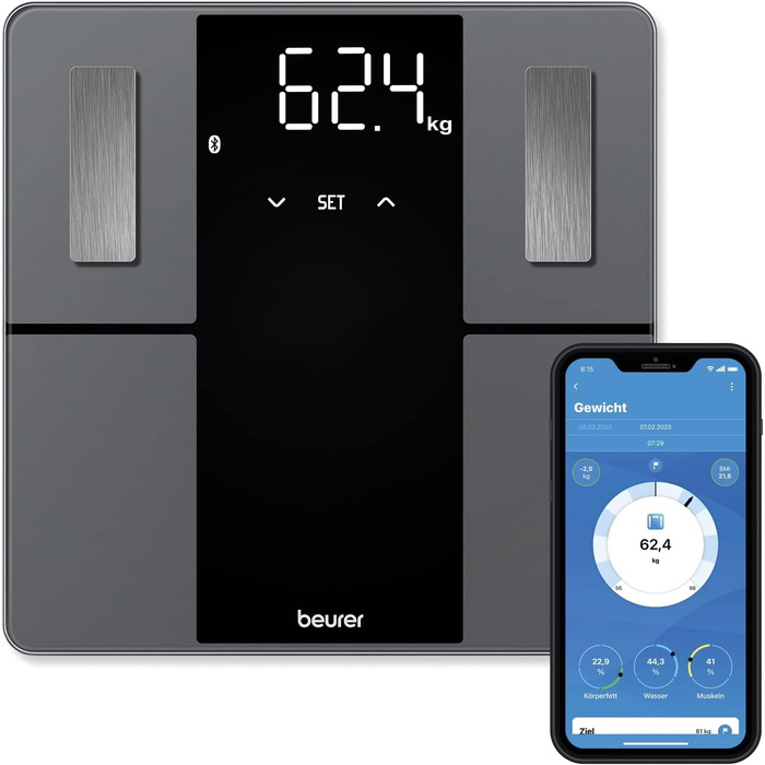 Beurer BF 500 Діагностичні ваги з Bluetooth, цифрові ваги для тіла з додатком, вимірювання жиру, м'язової маси, великий дисплей