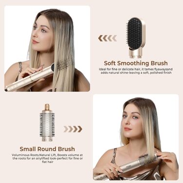 UKLISS Hairstyler Airstyler 8-в-1: Фен-щітка, випрямляч, плойка, насадки для об'єму та іонізація - Швидке сушіння для всіх типів волосся, колір шампань