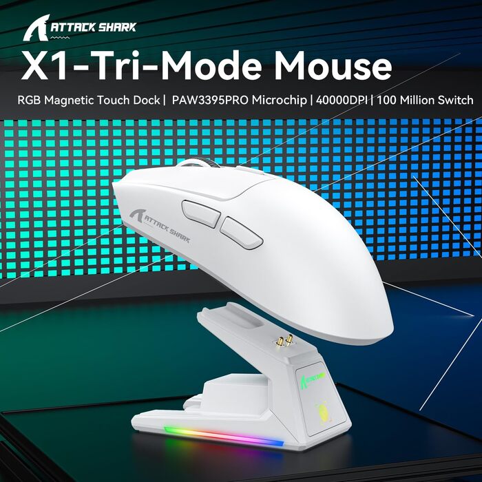 Ігрова миша Attack Shark X1 White: бездротова (BT/2.4G) та дротова, сенсор PixArt PAW3395PRO, 40000 DPI, вага 53г, з RGB док-станцією для зарядки, для Win11/Xbox/PS/Mac
