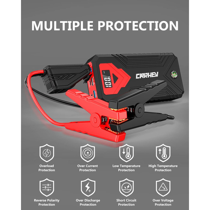 Бустер для авто CARHEV Jump Starter 3000A — Пусковий пристрій з LCD-дисплеєм для бензинових (до 8л) та дизельних (до 8л) двигунів, 12V Powerbank з USB швидкою зарядкою та LED-ліхтарем