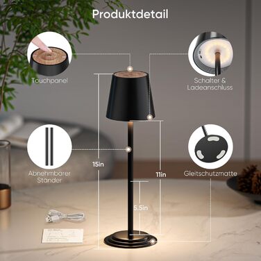 LED настільна лампа Bonsery 2 шт. Бездротова, 5200mAh, метал, 3 кольори, регулювання яскравості, портативна, вологостійка, 2 висоти (24/37,5 см), для дому, бару, кемпінгу (чорний з деревом, 2 шт.)
