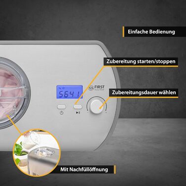 Морозивниця TZS First Austria з компресором, самостійно охолоджувана, знімна чаша з нержавіючої сталі 1,2 л, отвір для додавання інгредієнтів, для домашнього використання
