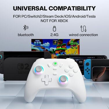 Бездротовий ігровий контролер ECHTPower для PC, Switch, Steam Deck, Android, iOS — RGB підсвічування, Hall-джойстики, вібрація, Turbo, акумулятор 800mAh (Білий)