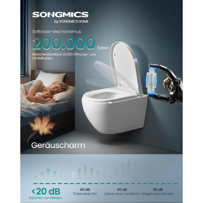 Сидіння для унітаза SONGMICS D-подібне подовжене, з мікроліфтом (плавним закриванням), біле, поліпропілен, витримує до 300 кг, BTL003WZ01