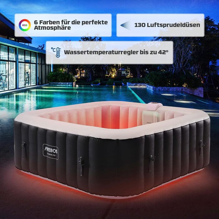 Надувний гідромасажний басейн-спа Arebos Spa Whirlpool 2400 Вт для 6 осіб, 185x185 см, 130 масажних форсунок, LED-підсвітка, 910 л, з кришкою