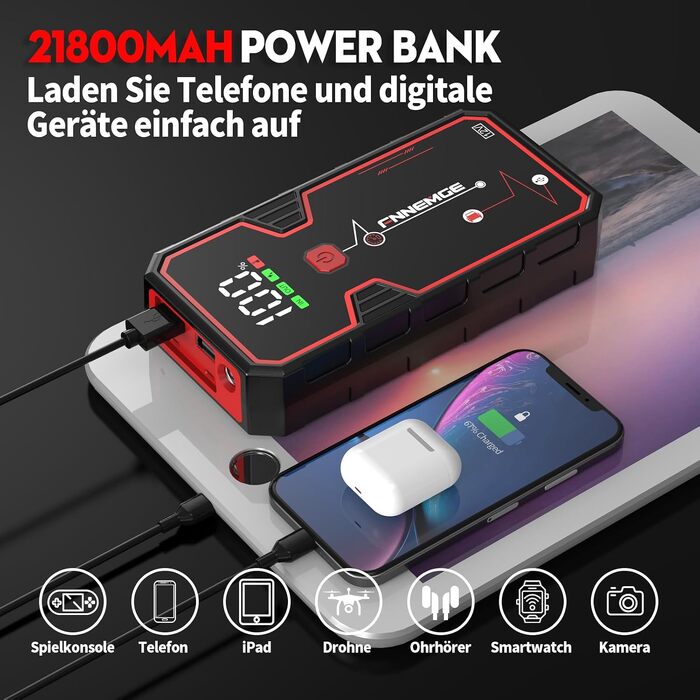 Бустер автозапуску FNNEMGE 9000A 26800mAh для бензинових та дизельних двигунів до 10.0L, пусковий пристрій Powerbank 12V з Quick Charge 3.0 та LED-ліхтарем
