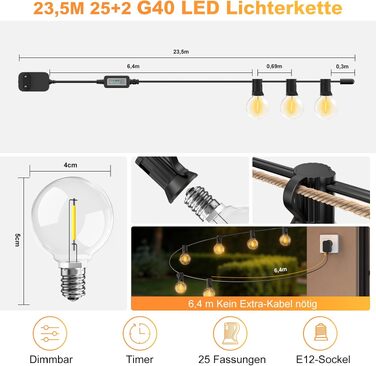 LED гірлянда вулична G40, 23.5м, з пультом та керуванням через додаток, теплий білий, водонепроникна, для саду/балкону