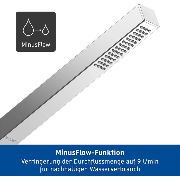 Duravit водозберігаюча ручна душова лійка, квадратна, хром, з режимом Rain, функція MinusFlow, легке очищення