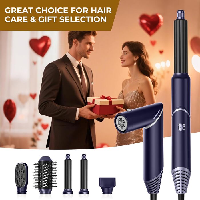 UKLISS 5-в-1 Airstyler Фен-щітка для укладки волосся з насадкою для локонів, 60000 об/хв, блакитний