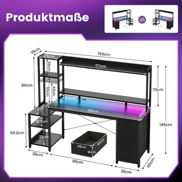 Ігровий стіл YOUDENOVA з LED-підсвіткою, шухлядами та полицями, 150x48 см, з розеткою та USB-портами, підставкою для монітора та тримачем для навушників, вуглецеве волокно, чорний