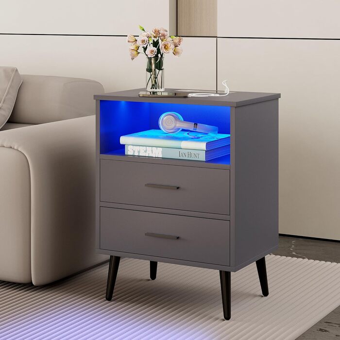 Сучасна тумба приліжкова LVSOMT з LED-підсвіткою, 2 шухляди, USB та Type-C зарядка, чорна, для спальні та вітальні