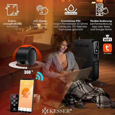 Електричний конвектор KESSER ECO 2500Вт з WiFi, термостатом, сенсорним дисплеєм, таймером, чорний, енергоощадний радіатор з додатком та пультом ДУ