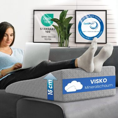 Подушка для підйому ніг ELONEO з піною з пам'яті, 68x40x16 см, сіра. Знімна наволочка для зручності.