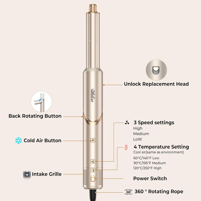 UKLISS Hairstyler Airstyler 8-в-1: Фен-щітка, випрямляч, плойка, насадки для об'єму та іонізація - Швидке сушіння для всіх типів волосся, колір шампань