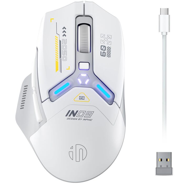 Ігрова миша inphic IN9 бездротова Tri-Mode (2.4G/Bluetooth/Type-C), 10000 DPI, RGB-підсвітка, програмована, акумуляторна, сіро-біла
