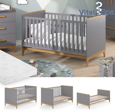 Дитяче ліжечко VitaliSpa Malia 70x140 см, сіре/дуб, з матрацом