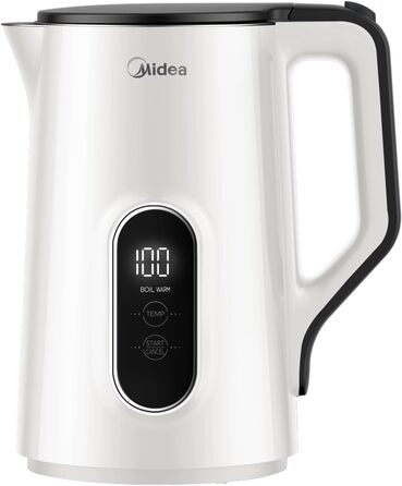 Електричний чайник Midea 1,5 л з регулюванням температури, подвійні стінки, 2200 Вт, білий, з індикатором температури, без BPA, з функціями безпеки, для чаю, з нержавіючої сталі