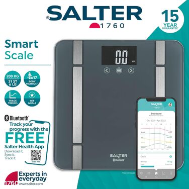 Розумні ваги Salter SA00432GFEU6 для ванної кімнати, Bluetooth, 200 кг, аналіз жиру, води, м’язової та кісткової маси, ІМТ, БМР, 8 користувачів, синхронізація з додатком Salter Health, сірі