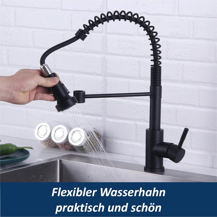 Змішувач для кухні чорний високий з висувним душем Wasserhahn, поворотний на 360°, 2 режими струменя, нержавіюча сталь, матовий чорний