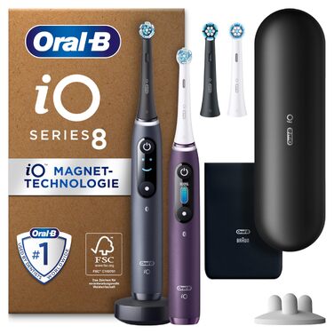Електрична зубна щітка Oral-B iO Series 8 Plus Edition (набір 2 шт), 6 режимів чищення, 4 смінні насадки, дорожній кейс, чорний/фіолетовий