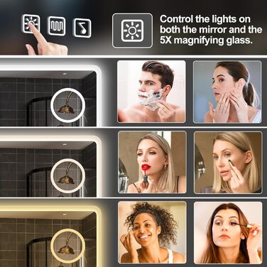 Дзеркало для ванної кімнати S'bagno з підсвічуванням 80x60 см, LED, Bluetooth, 5x збільшення, протитуманне покриття, 3 кольори, регулювання яскравості, пам'ять налаштувань, загартоване скло, IP44, водонепроникність, горизонтальна/вертикальна установка, M6