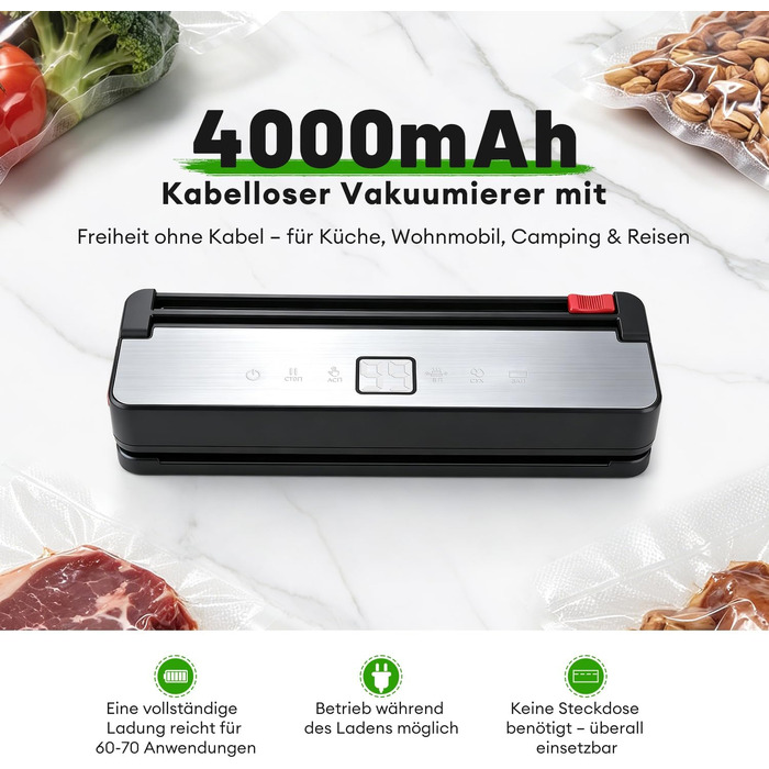 Вакууматор для продуктів 6-в-1 з функцією пульсації та вбудованим різаком, чорний