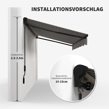 Електричний балконний тент Outsunny Folding Arm 395 x 250 см Захист від сонця із захистом від ультрафіолету, ручна рукоятка, регульована касетна маркіза з дистанційним керуванням, сірий+білий