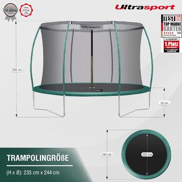 Дитячий батут Ultrasport Deluxe для вулиці Ø 244 см, до 150 кг, з захисною сіткою, драбиною та набором для монтажу