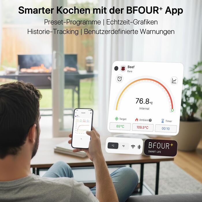 Бездротовий термометр для м'яса з Bluetooth та Wi-Fi, 2 зонди, 6 сенсорів, водонепроникний, точність ±0,1°C, для гриля, духовки, жарки – BF-80