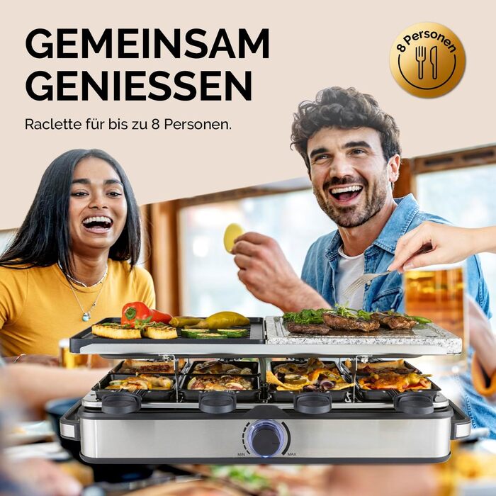 Raclette Gourmetmaxx 2-в-1 з Фондю | Набір раклет для 8 осіб – ідеальний для вечірок | Набір раклет-фондю на 8 осіб з 8 сковородочками, лопатками та виделочками для фондю | Преміум якість