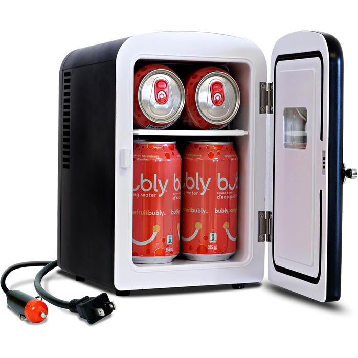 Koolatron Retro Mini Холодильник 4L, 6 доз. для Спальні, Догляду за Шкірою, Їжі, Напоїв, Косметики, Дітей, Дому, Авто та Подорожей, 12V DC, Чорний
