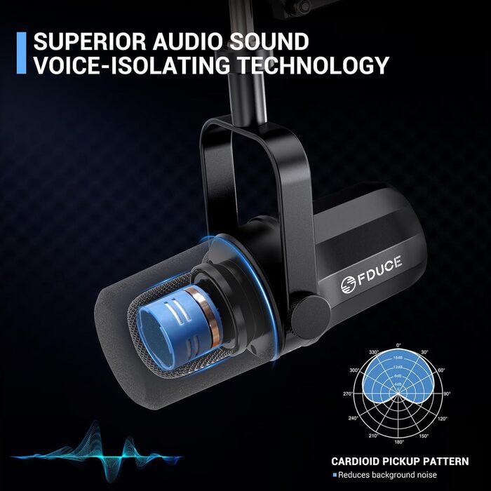 Динамічний мікрофон FDUCE SL40X XLR для вокалу, подкастів, ігор, стрімінгу та трансляцій, повністю металевий корпус, шумозахисна технологія, чорний
